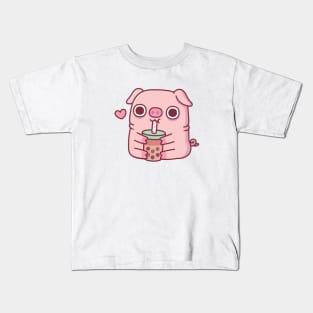 Cute Chubby Piggy Loves Drinking Bubble Tea Kids T-Shirt